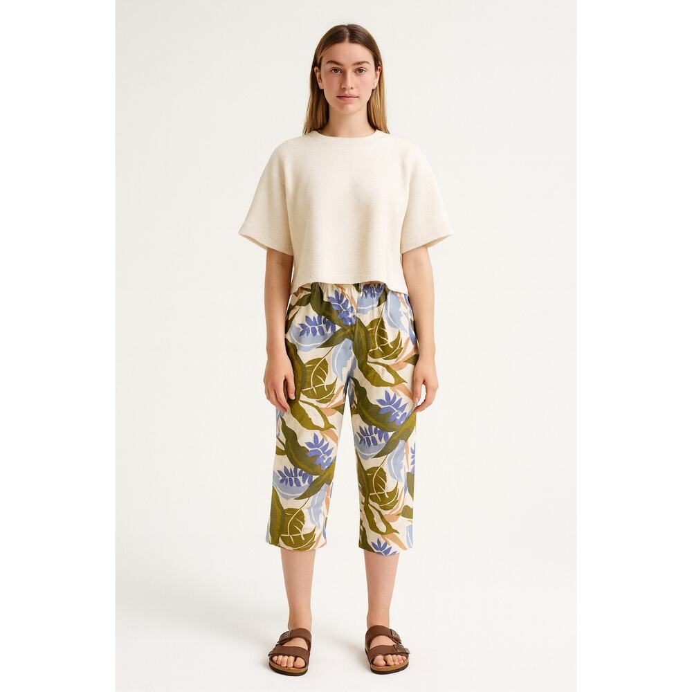 Tahari 100% Linen Tropical Floral Colorful Pull-on Pants Wide Crop Leg XL Resort